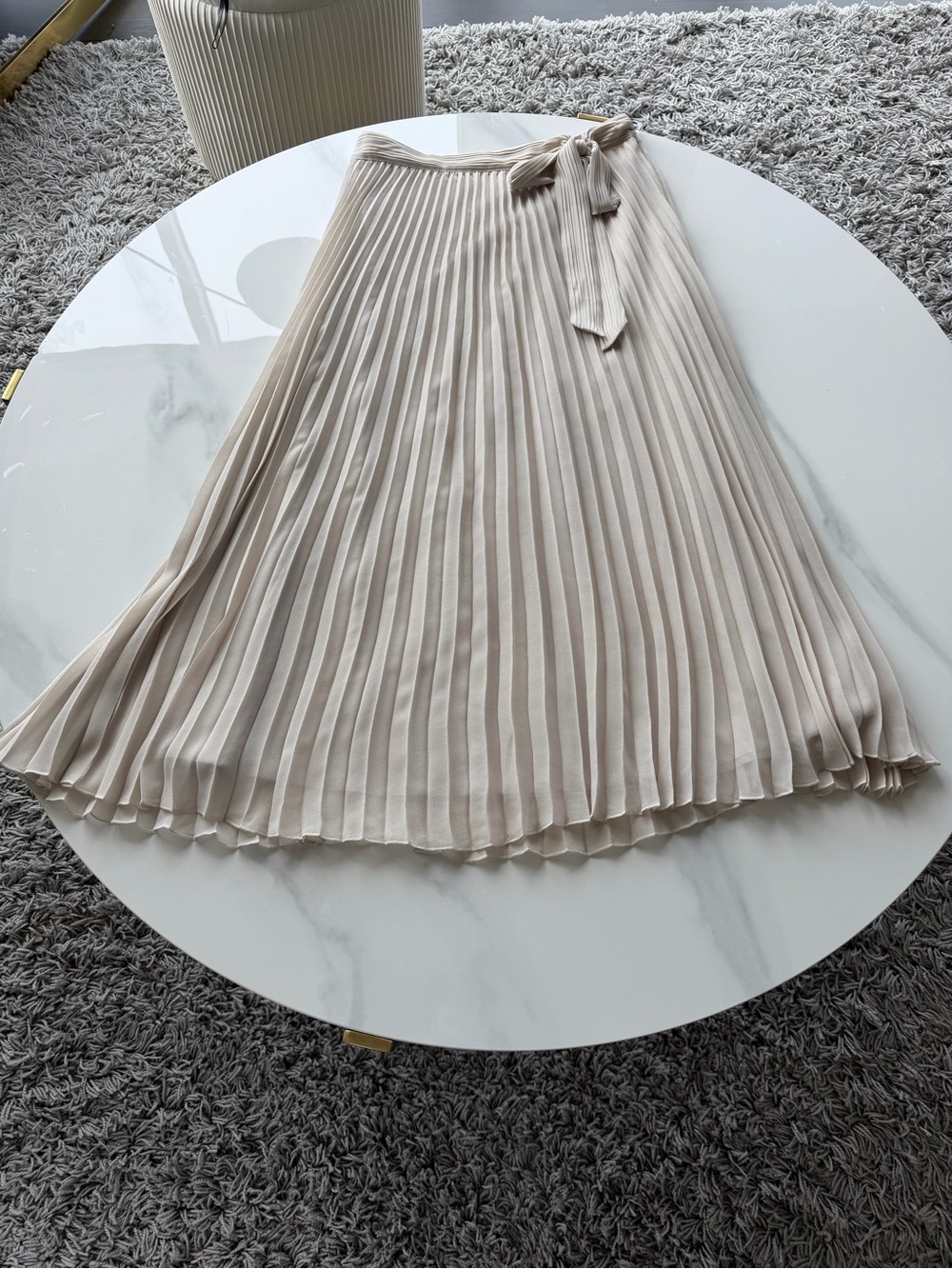 Elie Tahari Cream Pleated Midi Skirt with Waist Tie